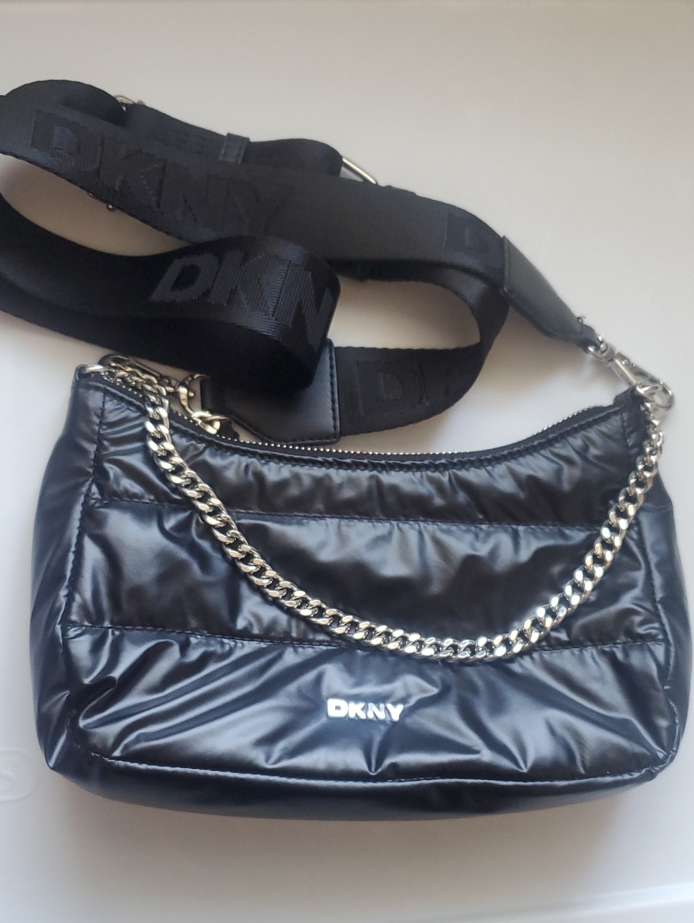 DKNY Cairo Black Quilted Nylon Pouchette Crossbody Bag Silver Chain SRP CAD 215